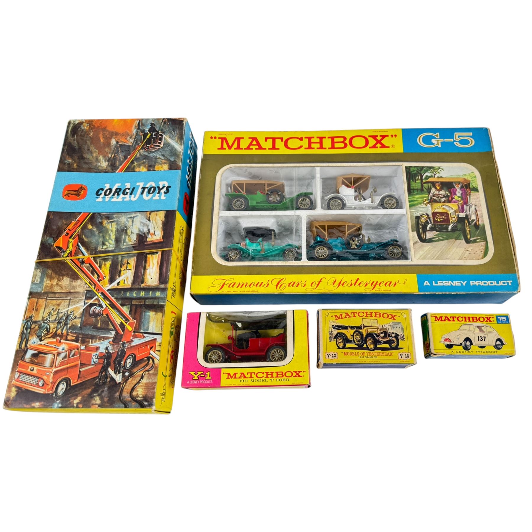 Collection of boxed diecast model vehicles, comprising Corgi Toys Simon Snorkel no. 1127 and four Matchbox examples, Y-1 1911 Model T Ford, 15 Volkswagen, Y-13 1911 Daimler and G-5 Famous Cars of Yesteryear four car set (5)