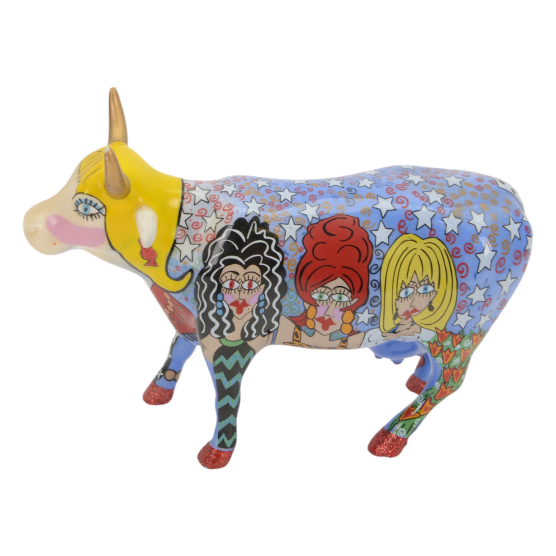 Six Cow Parade cows, including Lowry Cow, The Divas, Corn on the Cow, A Christmas Cowrol, Happy Birthday to Moo and The Cow of the Seven Suns 