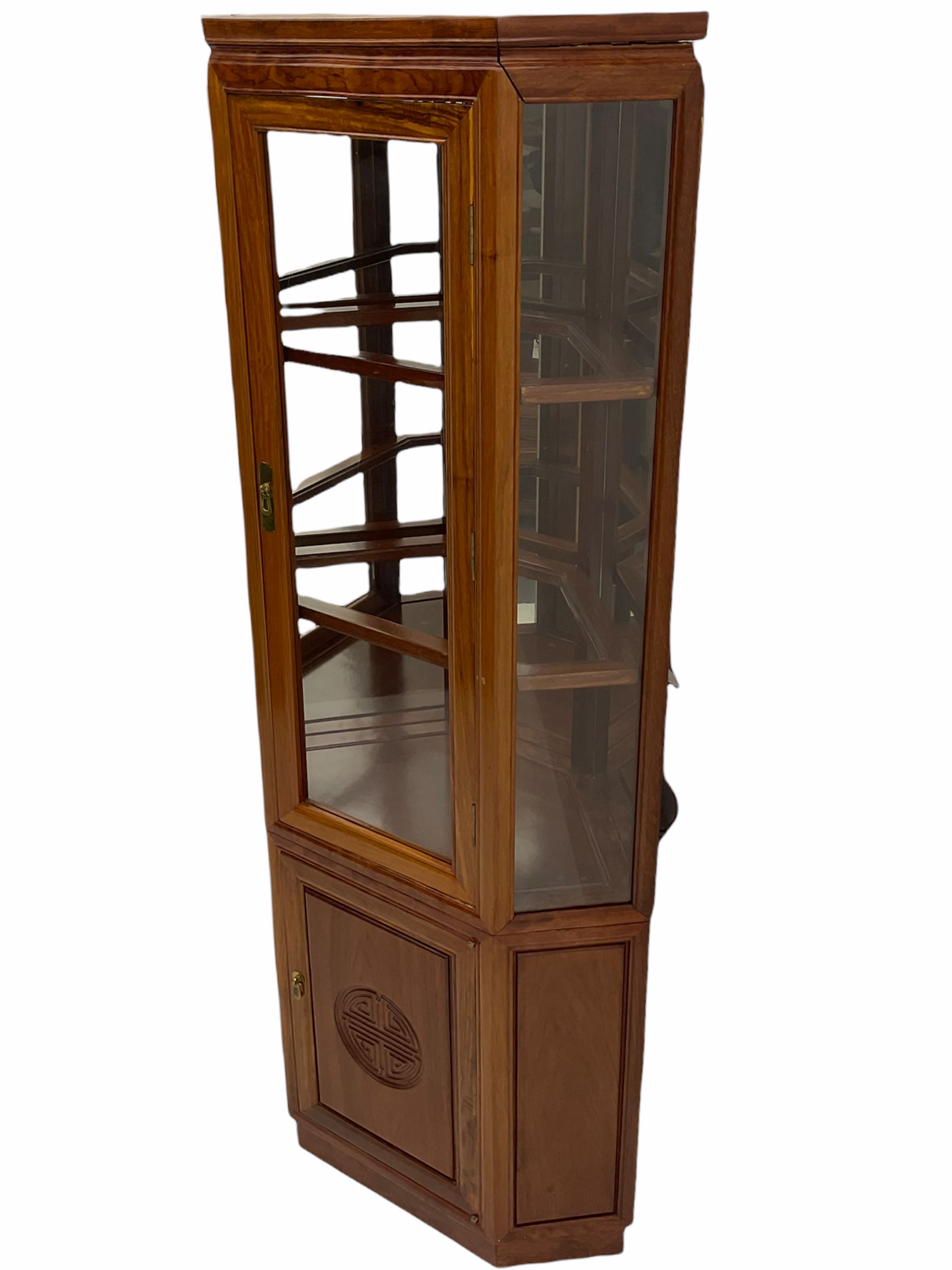 Chinese rosewood corner display cabinet, upper glazed illuminated cabinet above lower cupboard