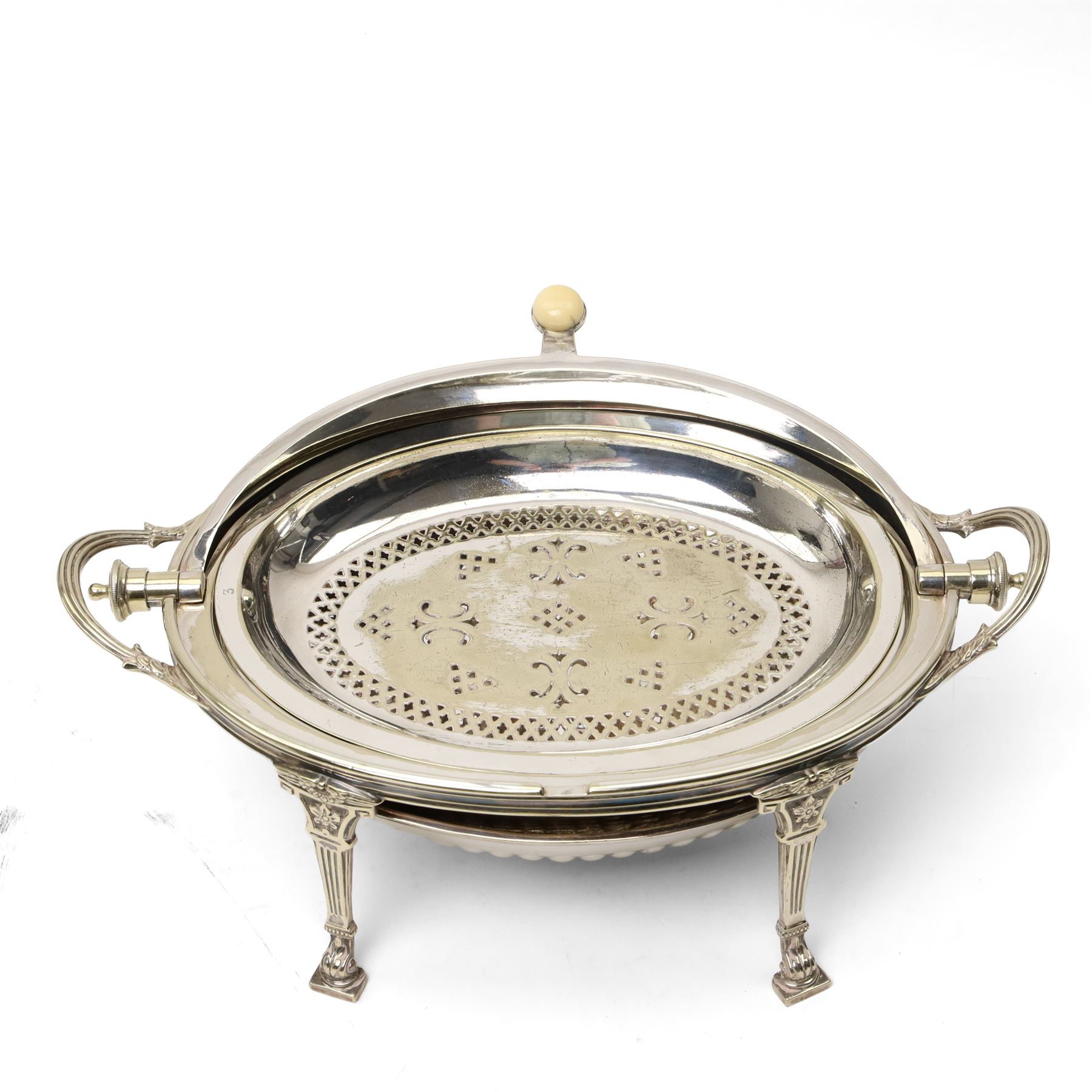 Silver plated items including chafing dish with revolving cover, circular salver, small hip flask, snuffing scissors, milk jug, sugar bowl etc