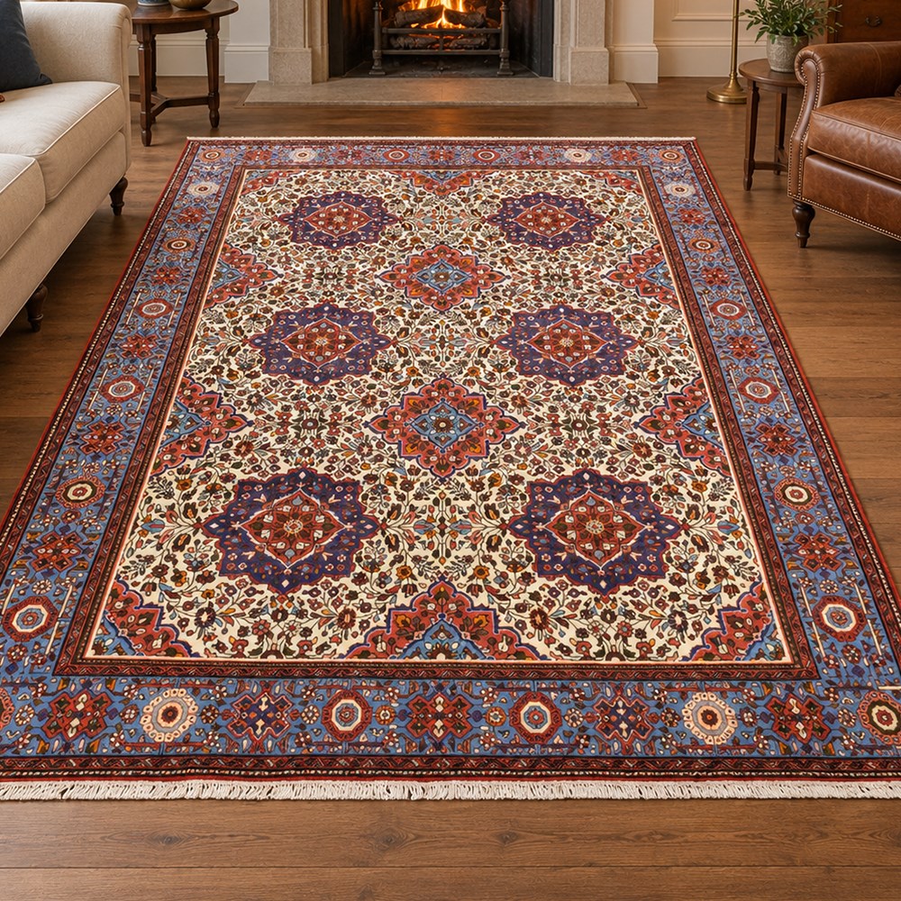 West Persian Hamadan hand-knotted rug, ivory field decorated with a repeating lattice of stylised geometric medallions interspersed with small floral motifs and angular vine ornament enclosed by a sky blue border of stylized rosettes and geometric devices between multiple guard stripes, with cotton fringe ends  