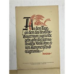 Collection of eight pre-WW2 German Propaganda poster style cards each printed in black and red with sayings by NSDAP leaders and German historical leaders,  featuring quotes by Adolf Hitler, von Goethe, Rosenberg, Magnus Wehner, Moltke, Kolbenheyer etc, each dated 1938 35 x 23.5cm unframed (8)