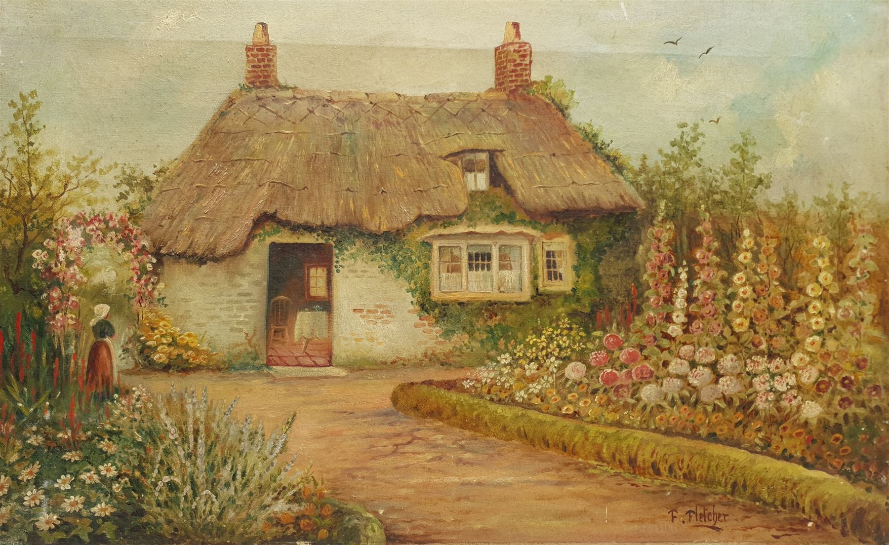 John Syer Jnr (British 1846-1913): Sheep on a Country Lane, oil on board signed 33cm x 44cm; F Fletcher (19th century): Country Garden, oil on canvas signed 40cm x 63cm (unframed) (2)