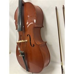 Gear 4 Music full size cello with a maple back and ribs and spruce top, ebony fittings and fingerboard, with two bows in hard case Length 123cm