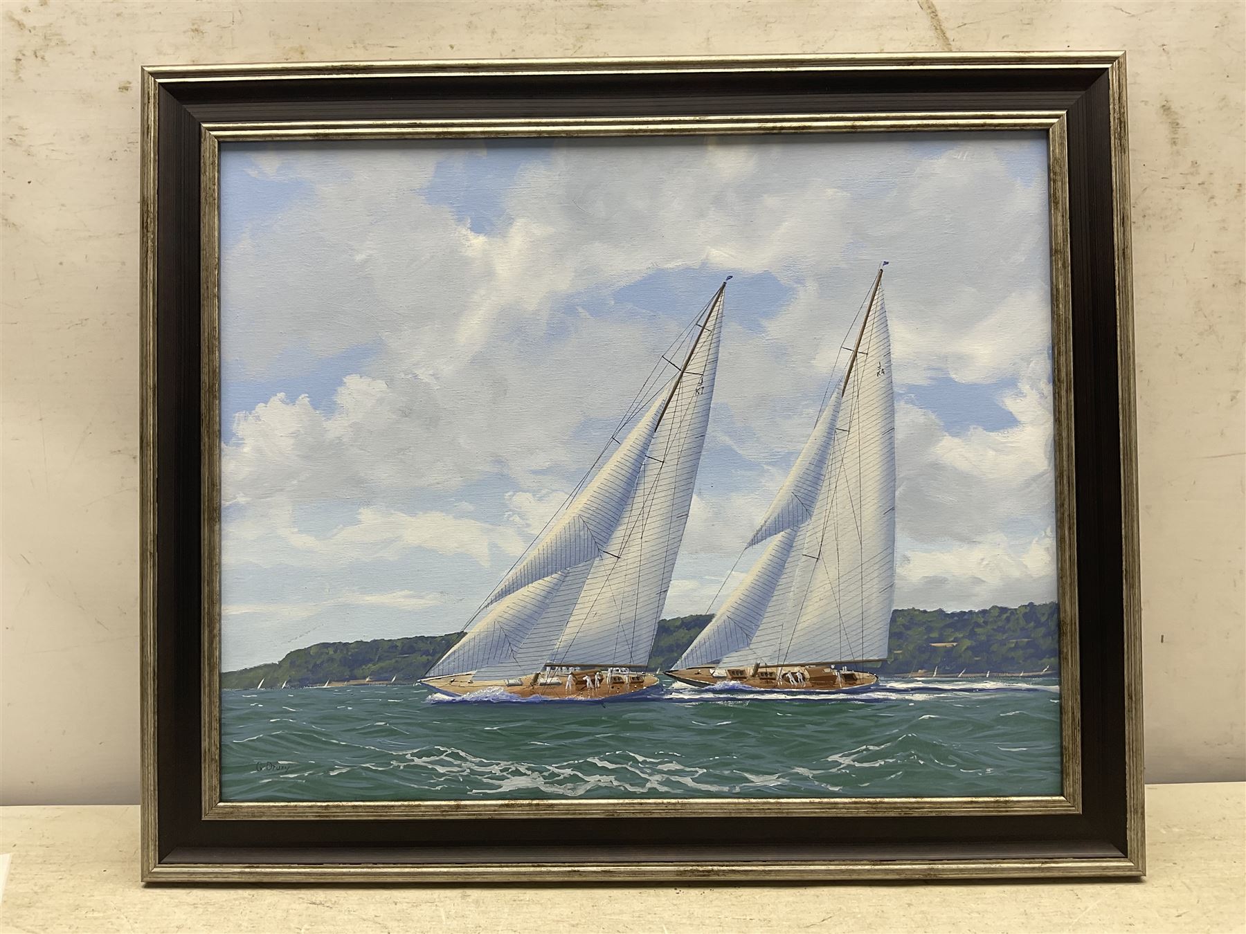 George Drury (British 1950-): 'Velsheda and Endeavour Racing On the Solent', oil on board signed, titled verso 38cm x 48cm 
