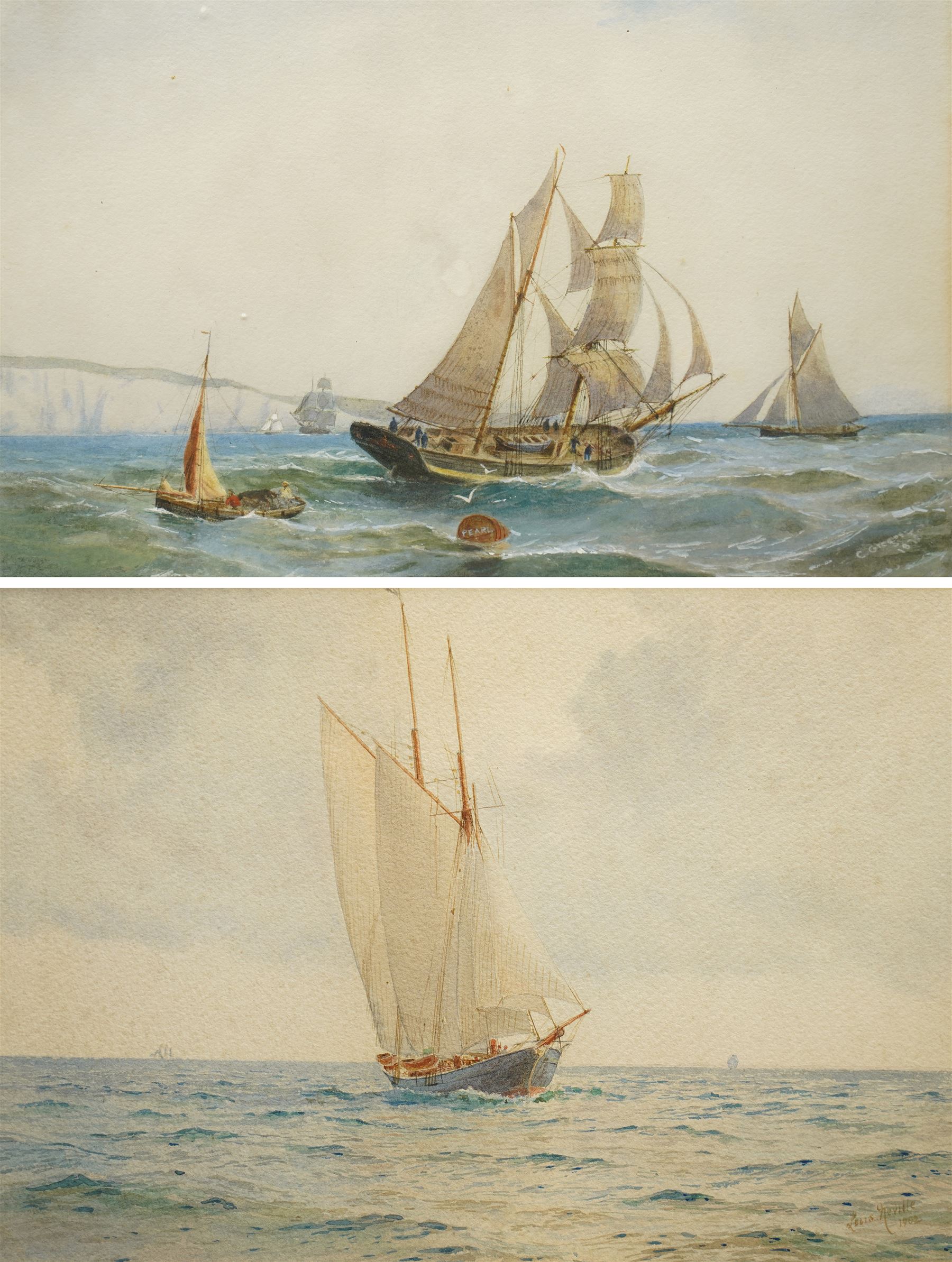 Charles Gregory (British 1849-1920): Fishing off the Coast, watercolour signed and dated 1872, 22cm x 35cm; Louis Neville (British fl.1887-1914): Yacht at Full Sail, watercolour signed and dated 1902, 24cm x 34cm (2)