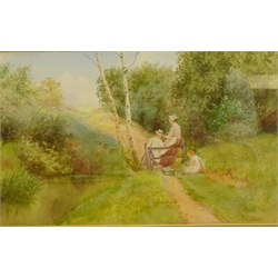  Robert Hollands Walker (British exh.1892-1920): 'A Rest at the Stile', watercolour signed, titled verso 20cm x 32cm Lake scene watercolour signed V Seymour 16cm x 26cm (2)  