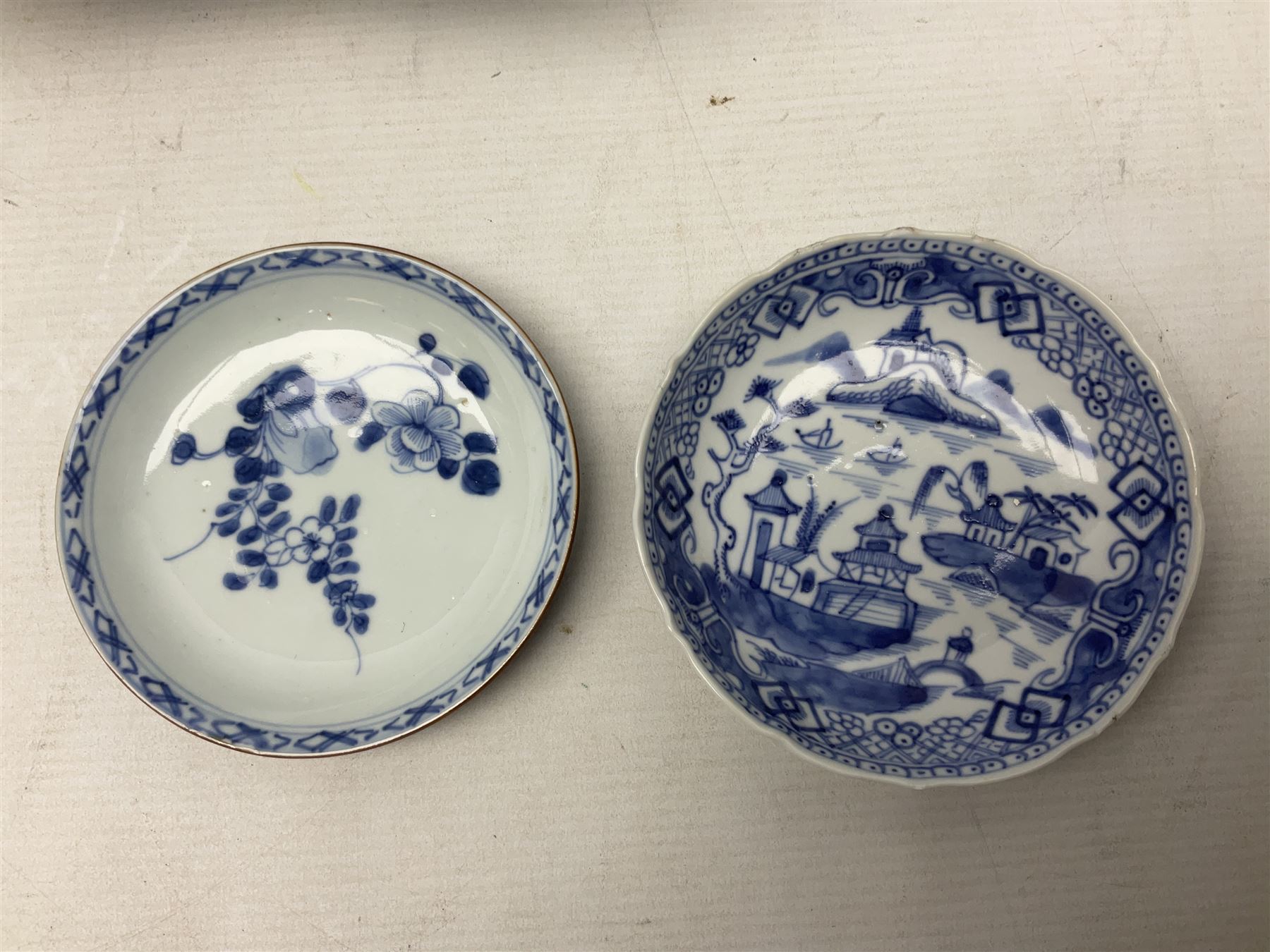 19th Century Imari pattern Japanese blood letting bowl, together with 19th century chinese blue and white square dish with decorated with blossoming flowers, together with thee blue and white saucers 