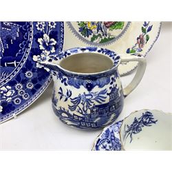 Spode Italian pattern bowl, with blue print beneath, together with a Spode Blue Tower pattern cake plate, and  other blue and white wares to include Wedgwood, Burleighware etc