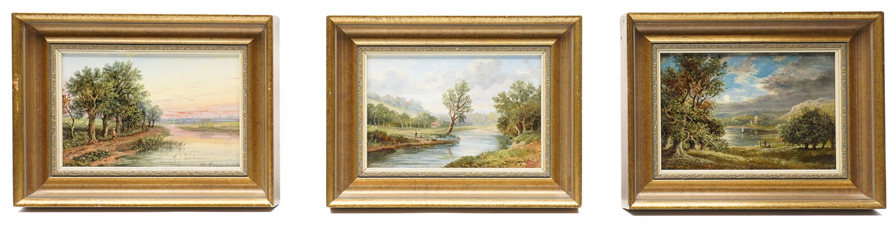 Edwin Buttery (British 1839-1908): Landscapes with Figures along the River Bank, set of three oils on panel signed 12cm x 18cm (3)