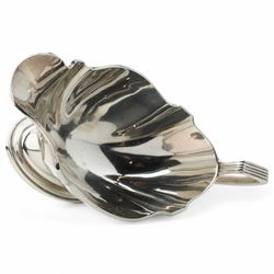 Pair of silver sauce boats with crimped reeded rims, angular handle and on pedestal foot Birmingham 1916 Maker Gorham Manufacturing Co.