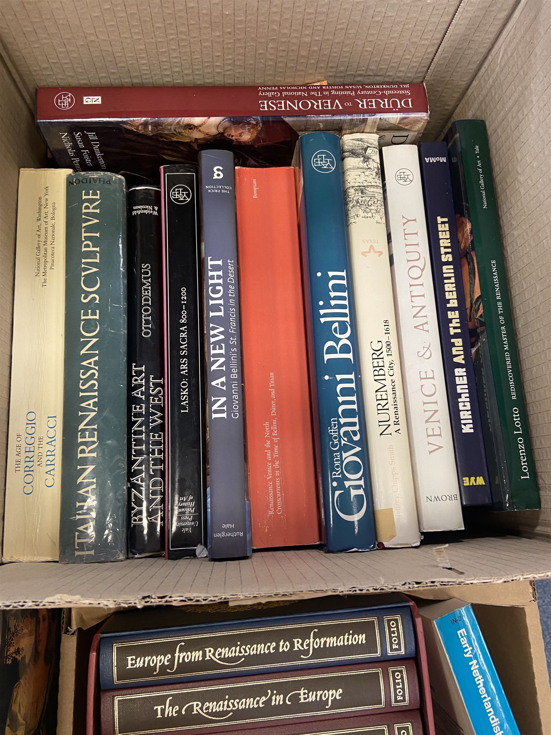 Large quantity of art reference books predominantly in English, to include David Hockney a Retrospective, The Folio Society; The Story of the Renaissance, Henry Moore, etc in four boxes   