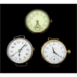 9ct gold Waltham wristwatch No.9054915, case by Benson Brothers, Chester 1921, Swiss silver wristwatch case by Wilsdorf & Davis, London 1915 and a Swiss silver calendar wristwatch stamped 800 (3)