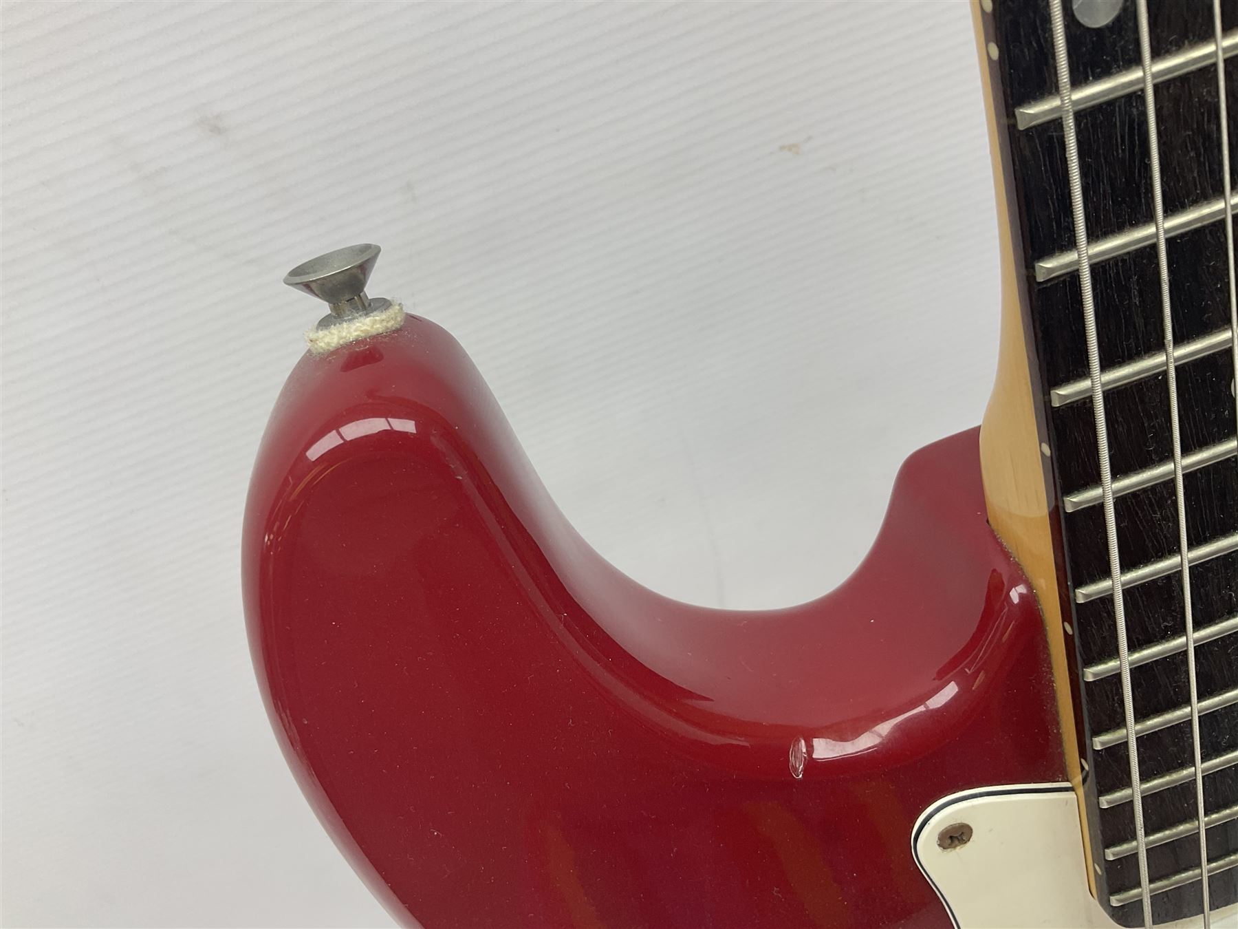 1990s Korean Squier Fender Stratocaster electric guitar in cherry red; serial no.S965951, L98cm