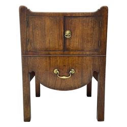 George III mahogany night commode, tray top with shaped raised sides pierced with handles, fitted with cupboard over pull-out drawer, on square moulded supports