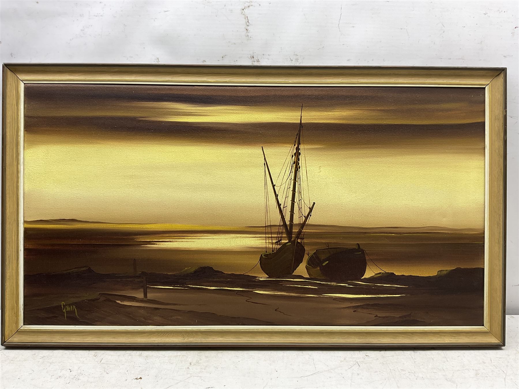 Tom Gower (British 1938-): 'Sunset at Low Tide - St Ives', oil on canvas 44cm x 86cm