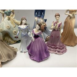 Eight Coalport figures of ladies, comprising five Age of Elegance examples to include Richmond Park, Summer Saunter and Touch of Spring, together with Beau Monde Isobel 1998, Valentine Debutante Eternity and Devotion