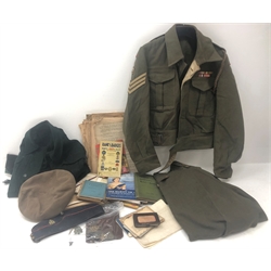 WW2 British Army battledress top with shoulder insignia, three stripes to sleeves, two medal bars and lanyard, inscribed inside 10587794 Mayes.W.A with a pair of trousers, a beret and a forage cap with Royal Army Ordnance Corps badges, an Australian made battledress top inscribed Mayes W.A. and a collection of ephemera  incl. Services Guide to Cairo, Cairo Rhythm Club Booklet 1945, RAOC as a Career, set of Standing Orders for Christmas 1943 for D.D.O.S.P Mediterranean and a qty of France & Colonies Stamp club and Forces Postal History Society correspondence   