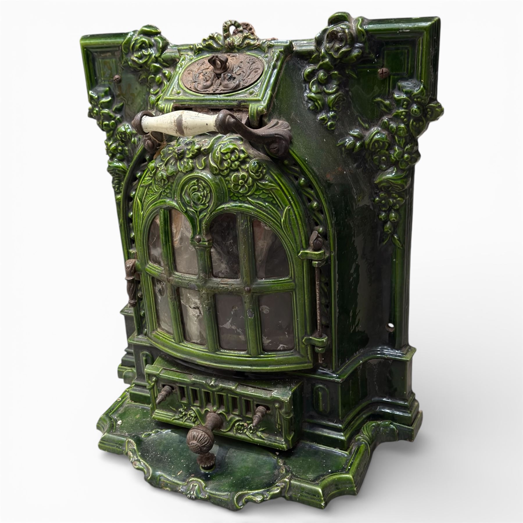 Art Nouveau French green enamelled cast iron stove by Deville & Cie