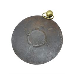 Honore Pons of Paris -  A good and early 19th century Tole Ware wall clock c1830, with a later re-decorated case suspended from a circular brass hanger, cast brass dial bezel and silvered engine turned dial with roman numerals, minute track and steel moon hands, 8-day twin train countwheel striking movement with a silk suspension, striking the hours and half hours on a bell. With pendulum and key.
