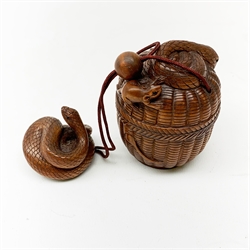 Japanese Meiji carved wooden inro, modelled as a basket with snake and rats climbing over, with snake carved netsuke and ojime bead, H8cm  