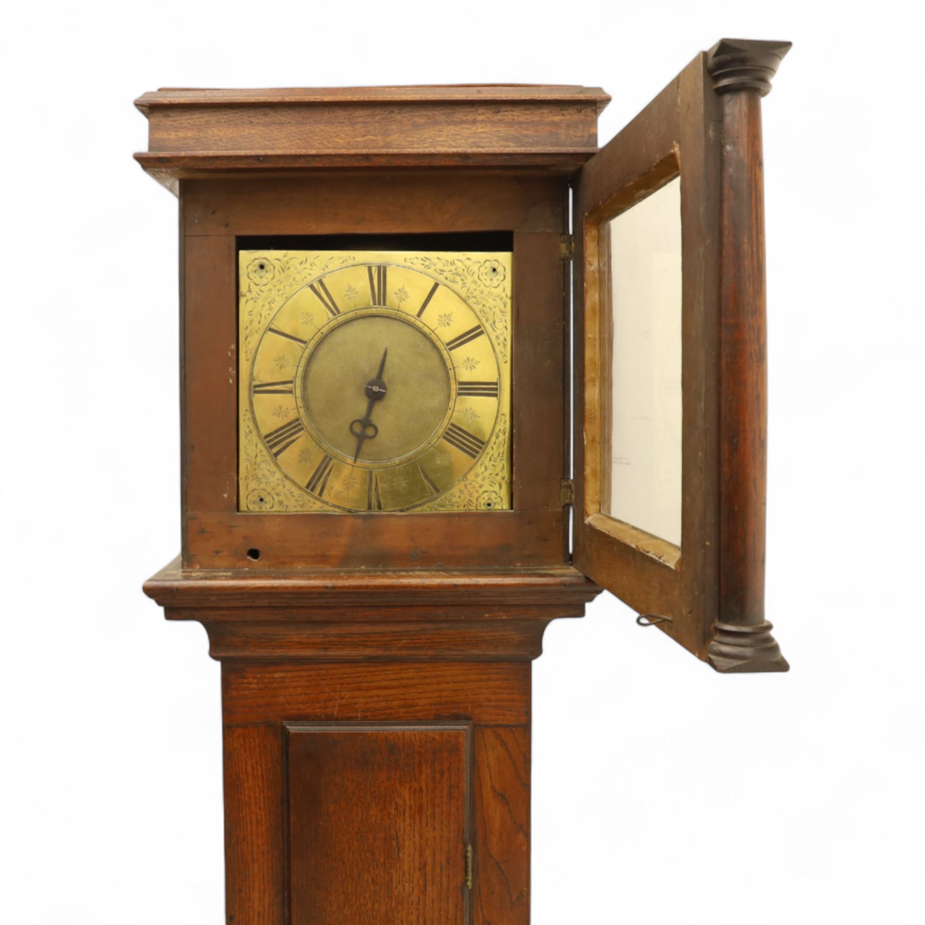 Robert Henderson of Scarborough- early 18th Century 30 hour brass dial longcase clock in an oak case, with a flat top, square hood door and attached pilasters, trunk with a long trunk door on a square plinth with applied skirting, brass dial with a matted centre and engraved Yorkshire white rose spandrels, chapter with Roman numerals, inner quarter hour track, half hour markers and single steel hand, dial pinned to a chain driven outside countwheel striking movement, striking the hours on a bell. With weight and pendulum.
Robert Henderson is the earliest recorded clockmaker in Scarborough. b1678-d1756.