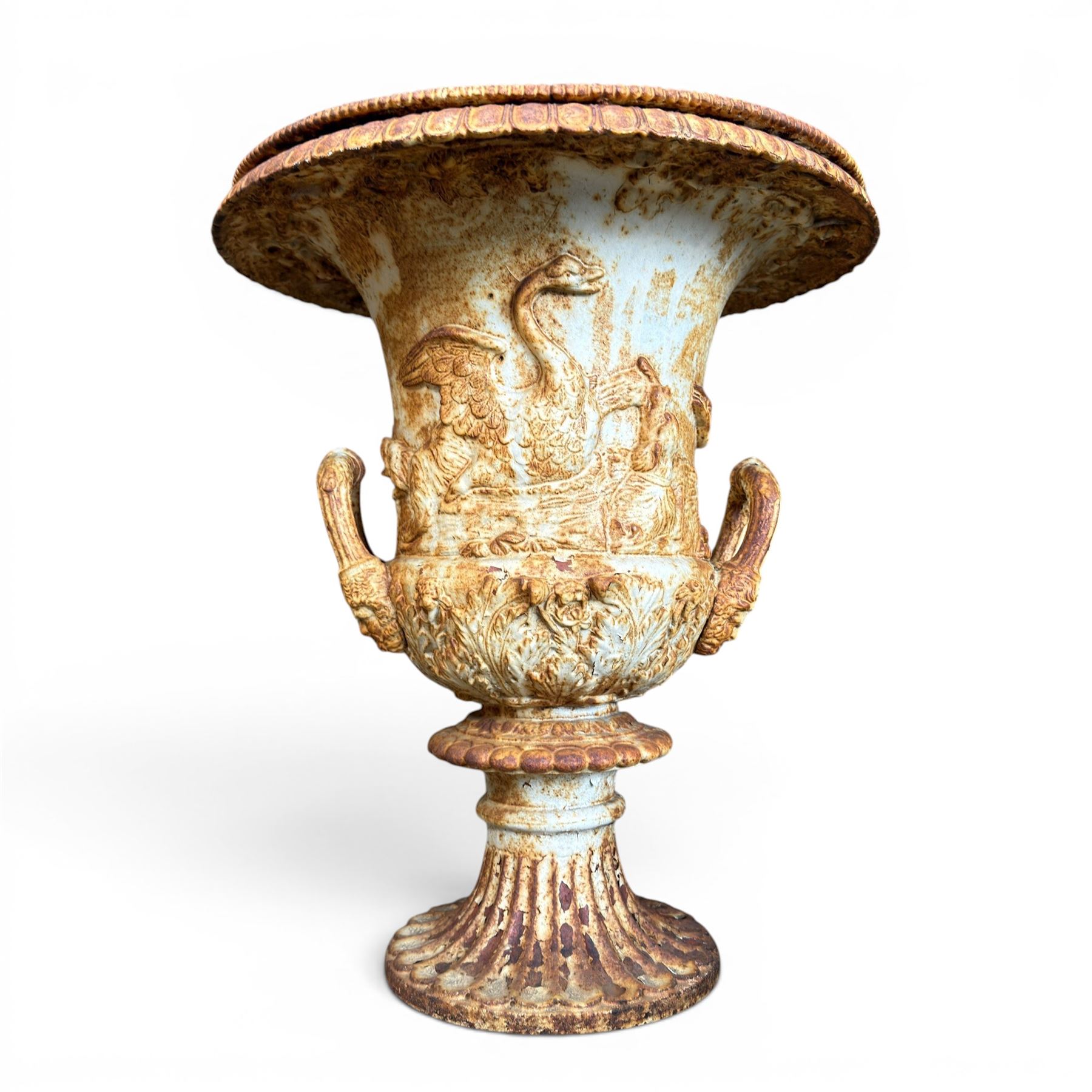 Andrew Handyside - pair of 19th century best quality cast iron garden urns, individually detailed in relief Allegorical Figures and Helaldic Swans, campagna form with twin handles, detail under rim, raised on circular fluted base