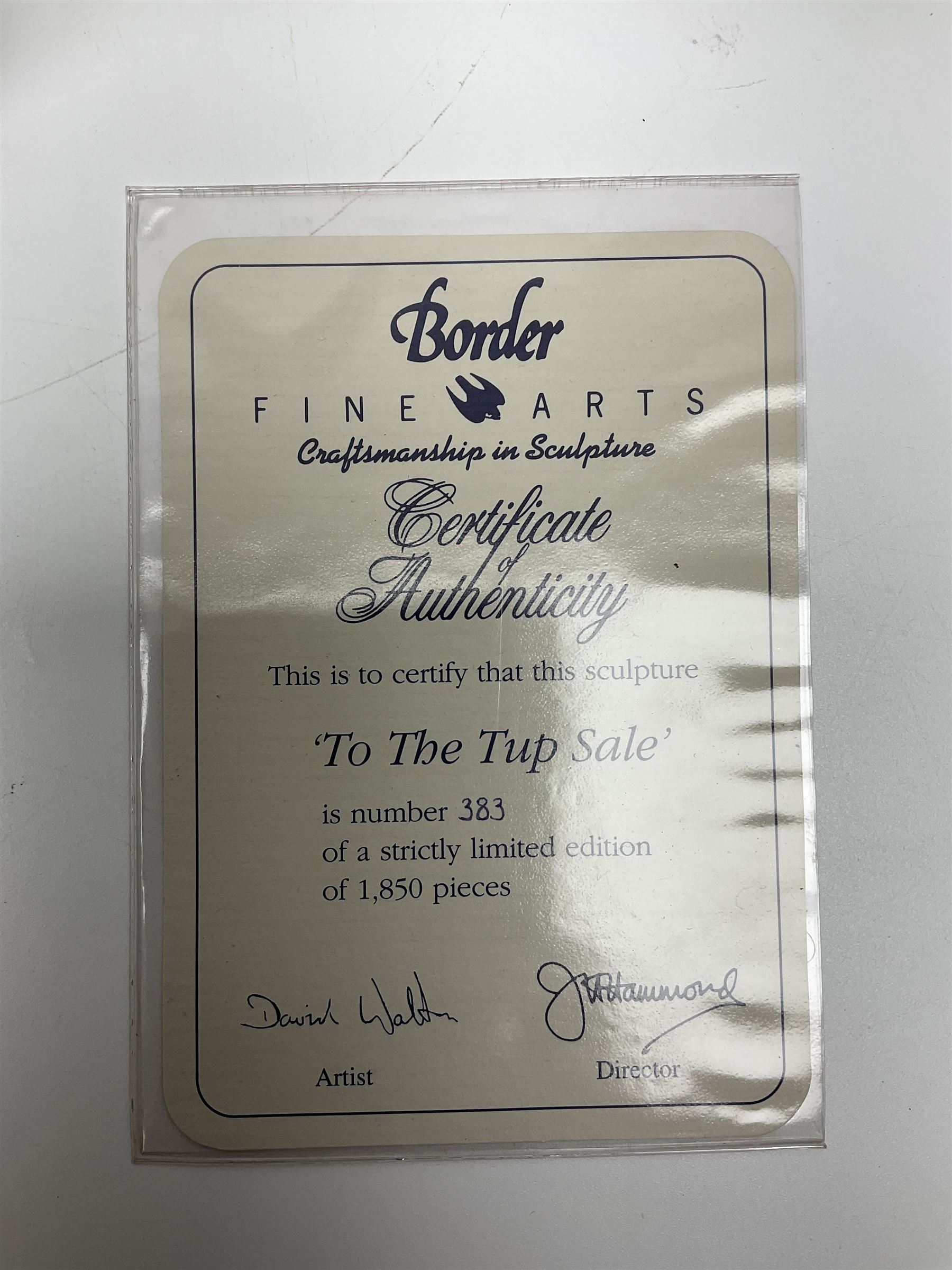 Two Border Fine Arts figure groups, comprising Black faced Ewe & Border Collie no B104 by Ray Ayres and To The Tup Sale, no JH72 limited edition 383/1850, both on wooden base, one with certificate