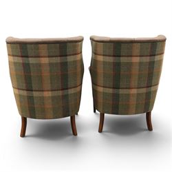 Pair of Georgian design wingback armchairs upholstered in brown leather and tartan tweed fabric, button back and scrolled arms with brass studded trim, square tapered supports