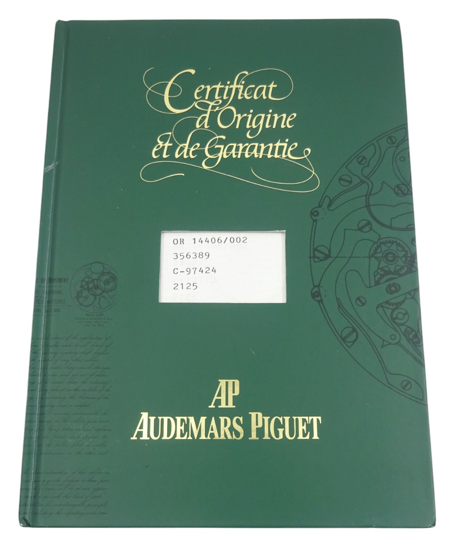 Audemars Piguet gentleman's 18ct gold automatic wristwatch, Ref. 14406 / 002, Cal. 2125, white dial with Roman numeral hour markers and date aperture, on brown leather strap, with original certificate, purchased through Harrods and dated 1997 