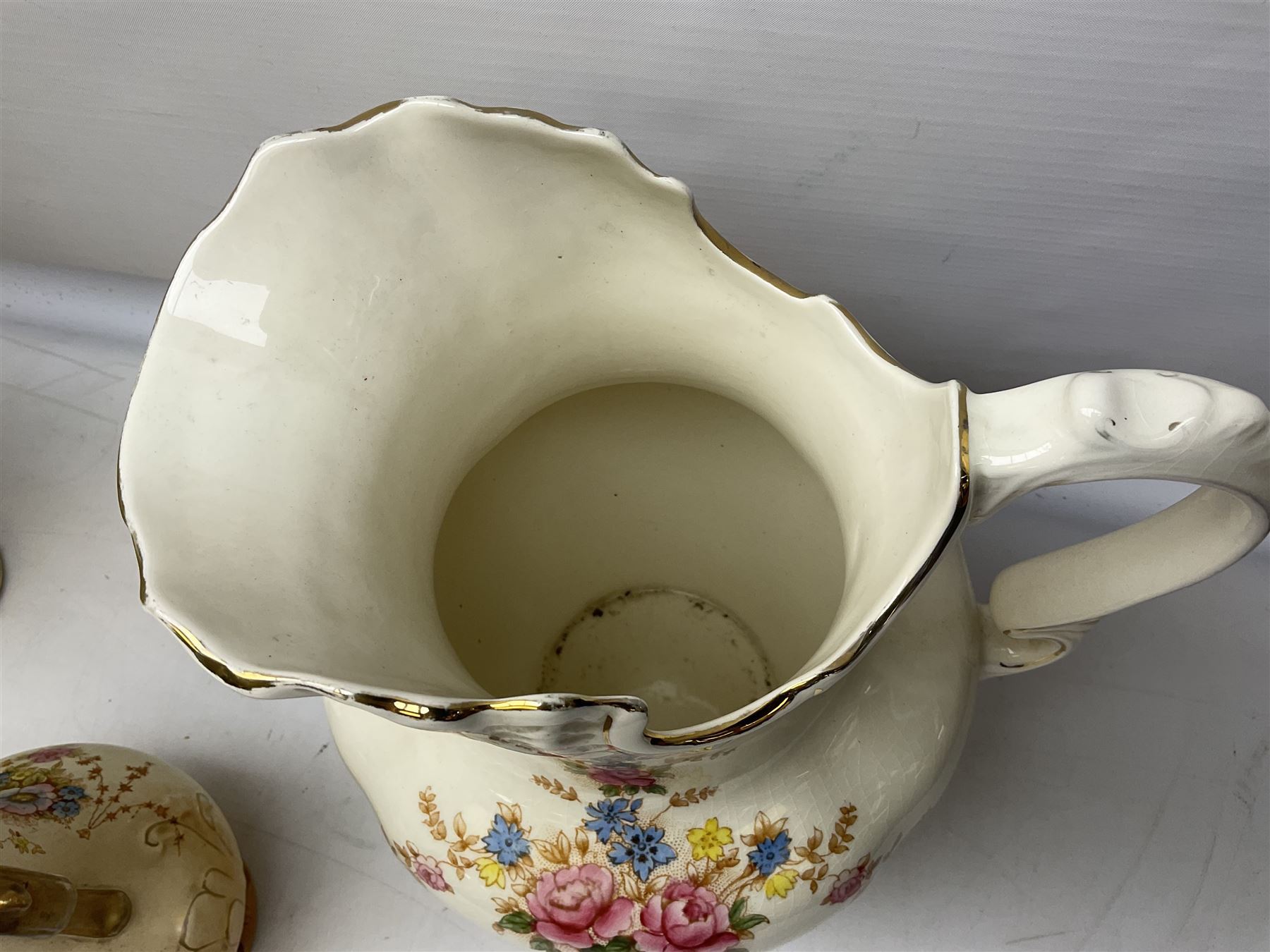 Fieldings Crown Devon Windsor pattern wash jug and bowl, together with two blush ivory ewers and other Victorian ceramics to include twin handled vase of flattened form and jug, tallest H36cm
