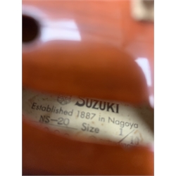 Three modern graduated violins - Suzuki 1/10 size child's violin with 23.5cm single piece back, bears label serial no.94282, 40cm overall; copy of Antonius Sradivarius of Cremona violin dated 1998 with 28cm two-piece back, 47cm overall; and Strobel violin with 35.5cm two-piece back, bears label dated 2006, serial no.512801325, 59cm overall. All cased with bows (3)