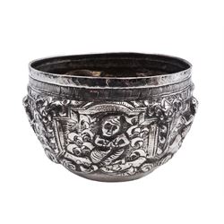 Burmese silver bowl, embossed with figural panels, C scrolls and floral decoration, H8.5cm