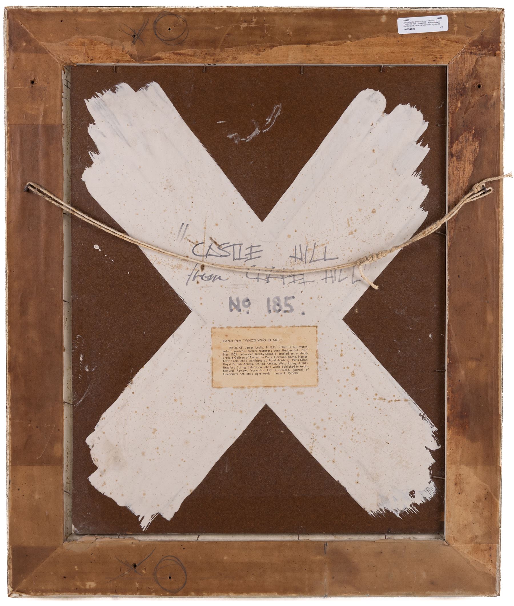 James Leslie Brooke (British 1903-1973): 'Castle Hill from Chapel Hill' - Almondbury in Huddersfield, oil on canvas board signed, titled verso 50cm x 39cm 