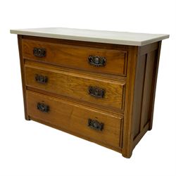 Edwardian oak chest, rectangular white marble top, fitted with three long drawers