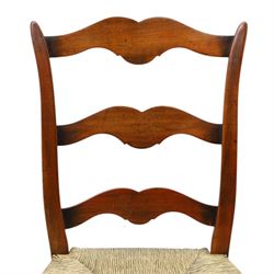 French cherry wood extending dining table, rectangular top on square chamfered supports with two additional leaves; with Batheaston - set of eight cherry wood waived ladder back dining chairs with rush seats (W46cm H98cm)