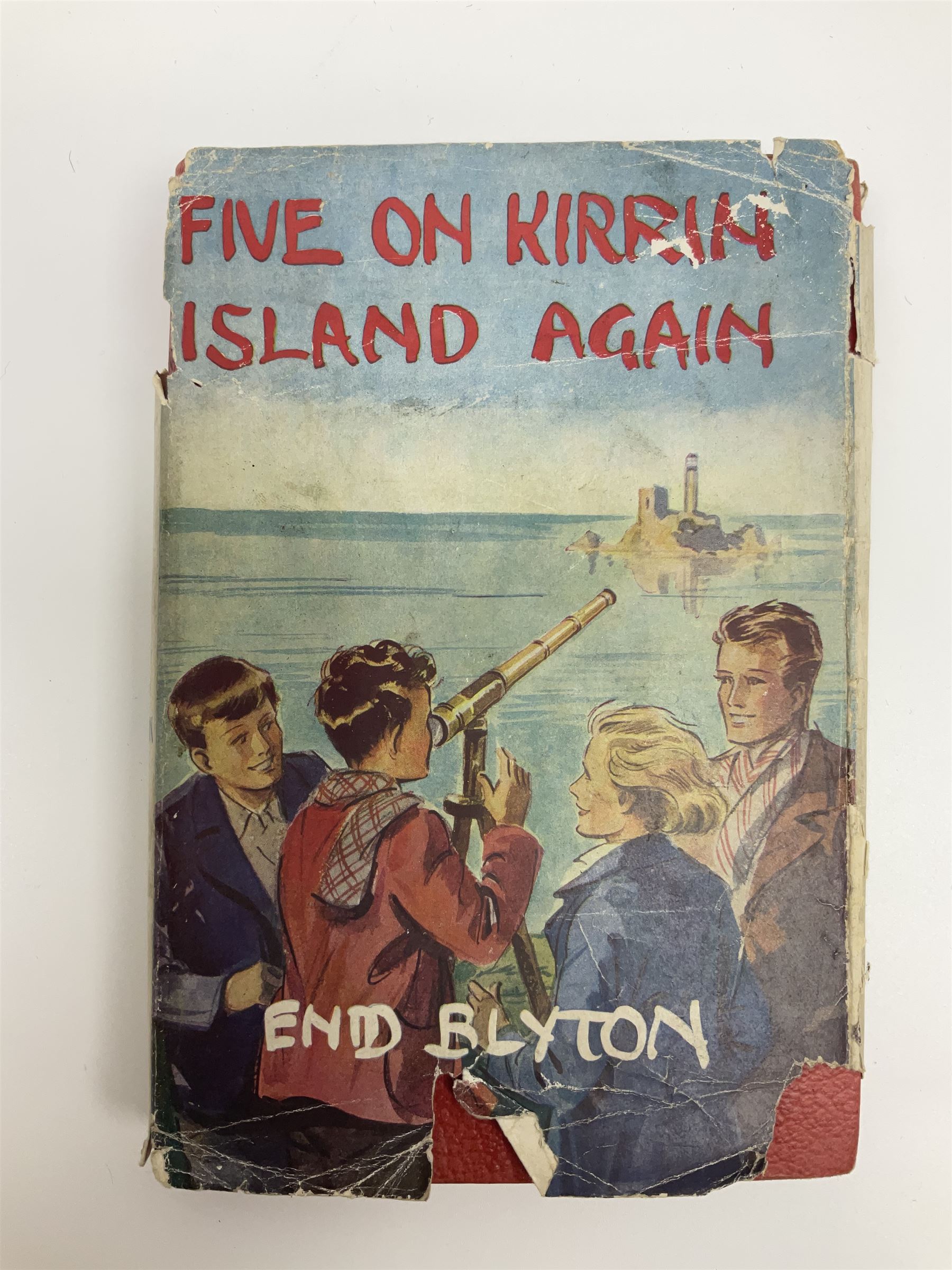Blyton Enid: Five on Kirrin Island Again, first edition, Hodder & Stoughton, 1947, colour frontispiece, tinted plates and plain illustrations to text, pictorial endpapers, original red boards lettered in black in dust jacket (6/-, with telescope the wrong way round)