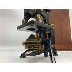 19th century brass and black japanned monocular microscope by W. Watson & Sons Ltd. 313 High Holborn, London serial no.24788 with rack and pinion focussing on tripod base H31cm; in fitted mahogany case retailed by A.H. Baird Scientific Instrument Makers Edinburgh; quantity of additional lenses and accessories; together with another similar uncased monocular microscope by W. Watson serial no.58379 (2)