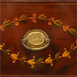 19th century French Louis XVI design mahogany and polychrome painted gentleman's press wardrobe - projecting cavetto cornice with urn and bellflower painted frieze, the twin doors with classical figural medallions surmounted by urns and festoon decoration with scrolling acanthus leaves, enclosing five sliding trays, the base fitted with two short over three long cock-beaded drawers, the facias painted with interlocking swags and garlands of bouquets with recumbent lion brass handle-plates, lower reeded edge on turned feet