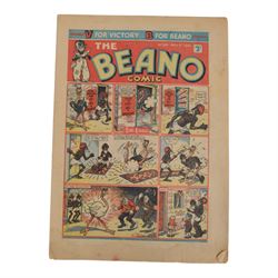 Seven 1940s and 50s The Beano comics, including 1941 issue no.166 propaganda war issue, with Big Eggo black-out cover, 1948 issue no.329, 1949 issue no.368, 1949 issue no.379, 1950 issue no.398,  1950 issue no. 424 and 1954 issue no. 603