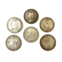 King George IV 1821 crown coin, three Queen Victoria crowns dated 1847, 1889, 1894 and two Queen Victoria double florins dated 1887 and 1889 (6)