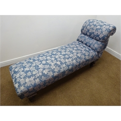  Victorian chaise longue, upholstered seat and scrolled end on turned supports with castors, L180cm  