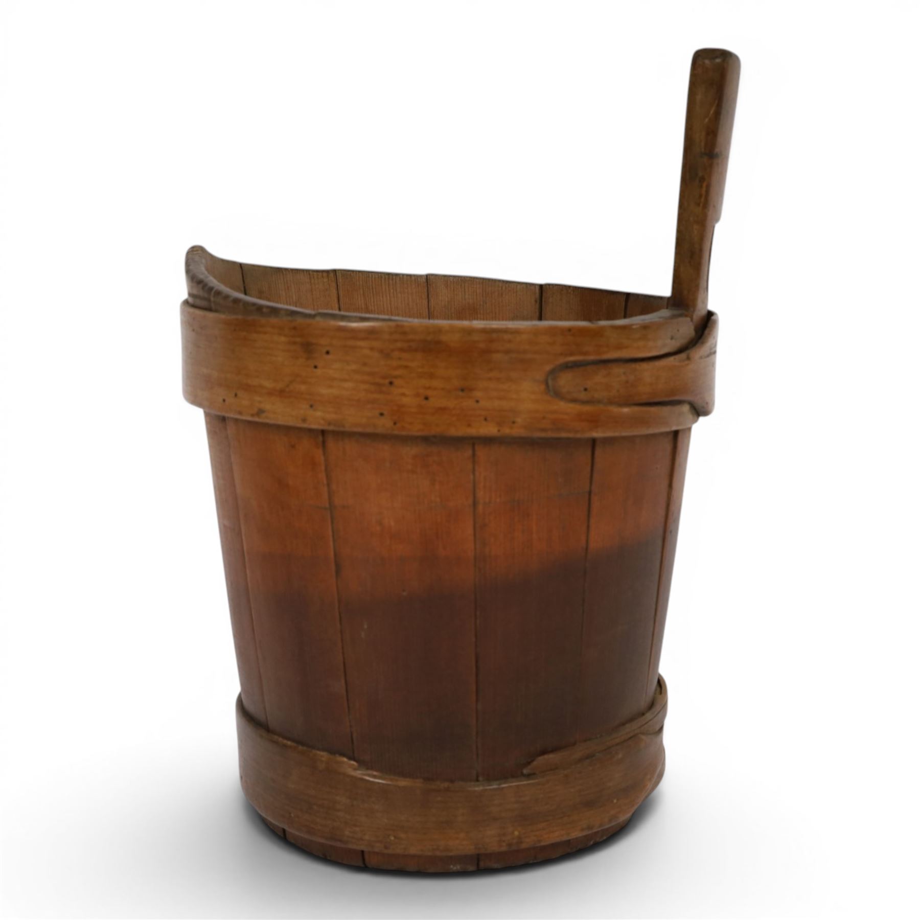 Large 19th century Scottish pine staved and birch bound luggie, overall H34.5cm D25cm
