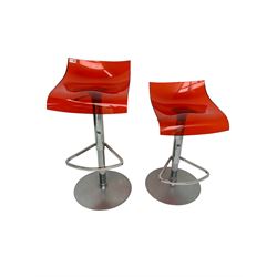 Pair red perspex bar stools