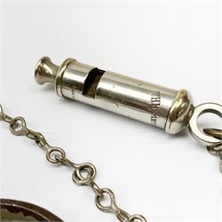 Pair of 1920's Hiatt nickel plated handcuffs marked 'Warranted Wrought' with screw-in key and a 'Metropolitan' whistle