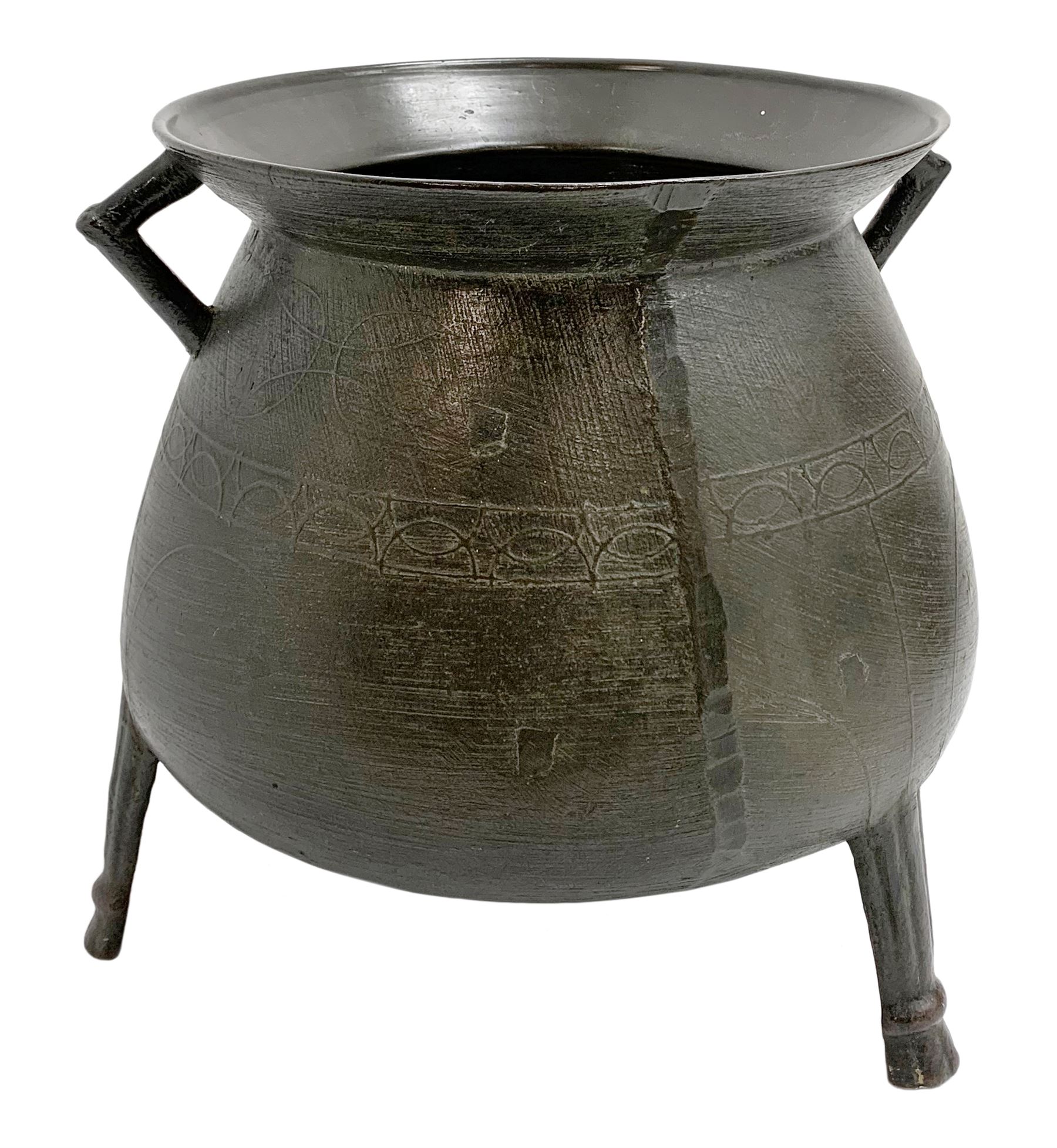 Late 17th/early 18th century bronze cauldron, of bellied form with flared rim and twin angular handles, upon three ribbed outswept feet, detailed with a decorative band beneath four arc founder's mark for John Sturton (I or II) of South Petherton, Somerset and a capital 'I', H40cm, rim D36cm