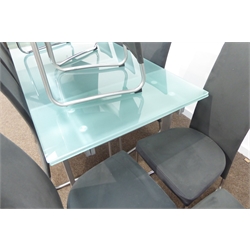  Contemporary aluminium draw leaf dining table with frosted glass top on square supports, (241cm x 90cm, H75cm) together with set twelve matching upholstered aluminium dining chairs by Effezeta, W45cm  