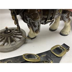 Two ceramic shire horse and gypsy caravans, together with horse brasses 