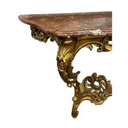 19th century giltwood and gesso console table, shaped variegated rouge marble top with moulded edge, central shell motif with extending scrolled foliage, on foliate and flower head moulded cabriole supports united by pierced shell middle rail, scrolled acanthus leaf terminals 