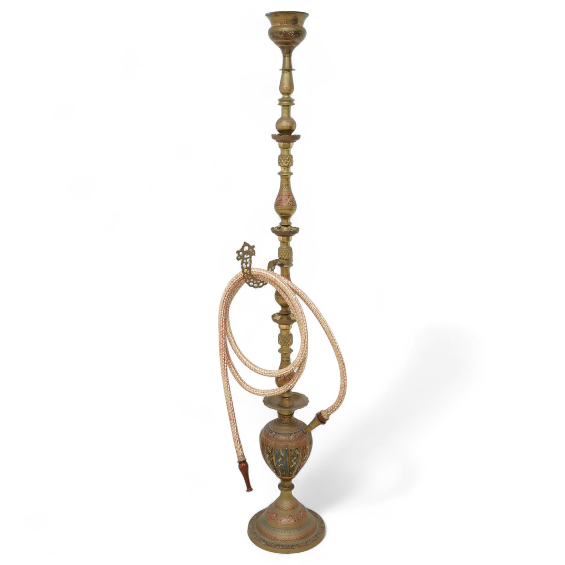 Eastern brass hookah pipe with engraved decoration H135cm